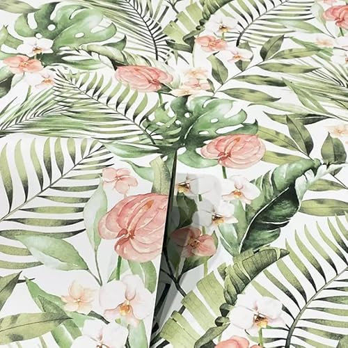 SOPHIE LAURENCE Exotic Tropical Floral Wallpaper - Green and Pink Flowers on White, Smooth Finish, Spongeable, Wet Removable, Paste The Paper, 0.53m x 10.05m Roll, Suitable for Any Room