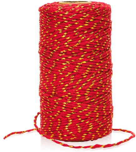 KINGLAKE 2mm Red Cotton String Twine with Gold String, 100m Christmas String for Gift Wrapping, Glitter Metallic Cotton Bakers Twine Bauble String for Crafts Xmas Decoration Gardening