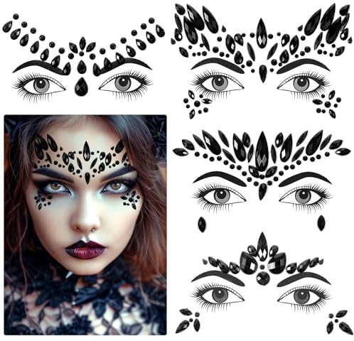 GEEHUA Schwarze Halloween Gesichtsedelsteine, 4 Sets Strass Gesichtsglitzer Gesichtsschmuck zum Aufkleben temporäre selbstklebendes Rave Zubehör für Gesicht Augen Stirn für Rave Festival Hallo
