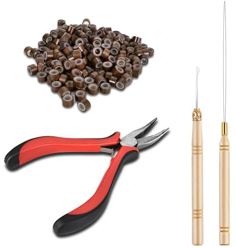 Colexy 4 in 1 Haarverlängerung Werkzeug, Extensions Set mit 200 Stück Microringe, 1 Stück Zange, 2 Stück Häkeln, Silikon Nanoringe Werkzeug für Perücke Lametta Haar (Hellbraun)