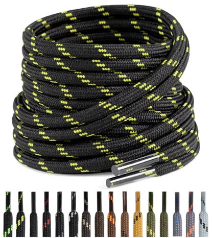 Puzeam 2 Pares Cordones Redondos para Botas, 4.5 mm Cordones Resistentes para Zapatillas de Montaña, Zapatos de Senderismo, Calzado de Seguridad Negro Amarillo neón 130 cm