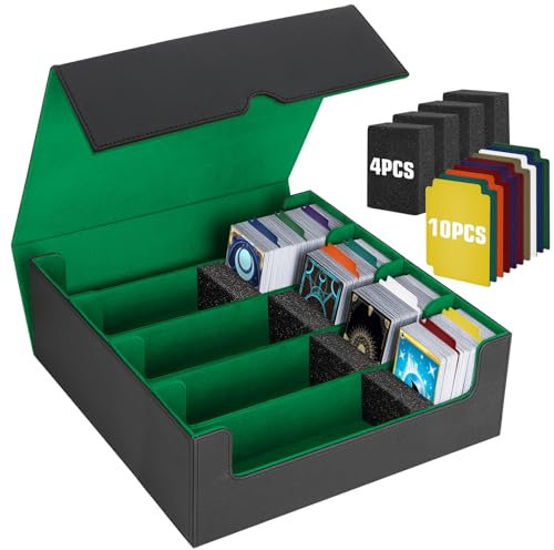 Caja de Tarjetas para Más de 3200 Tarjetas, Cajas de Almacenamiento de Tarjetas Coleccionables con 10 Divisores de Colores y 4 Espuma, Cajas de Cubierta Magnéticas Premium, para TCG Magic(Negro Verde)