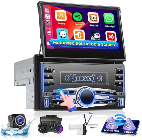 Ohradio Radio Coche 2 DIN con Pantalla Retráctil Motorizada de 7 Pulgadas, Autorradio Bluetooth con Carplay Inalámbrico y Android Auto Inalámbrico Enlace Espejo USB Radio FM Cámara Trasera + Mic