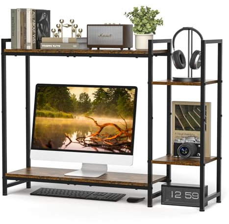 Schreibtischregal Holz Desktop Bücherregal mit 5 Ablagen, Schreibtischaufsatz mit Computer Monitorerhöhung, 3 Stufiges Schreibtisch Präsentationsregal, Schreibtisch Bücherregal aus für Wohnheim, Büro
