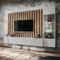 Wohnwand Anbauwand Schrankwand 220cm, grau mit Eiche, Vitrine, Wandpaneel mit Lamellen, Lowboard, LED Beleuchtung