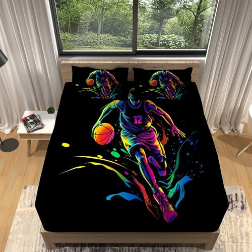 Spannbettlaken Einfach Sport Basketball Elastisch Spannbetttücher 140 x 200 cm Bettlaken 30cm Steghöhe Bunt Weiche Atmungsaktives Mikrofaser Spannleintuch für Kinder und Erwachsene