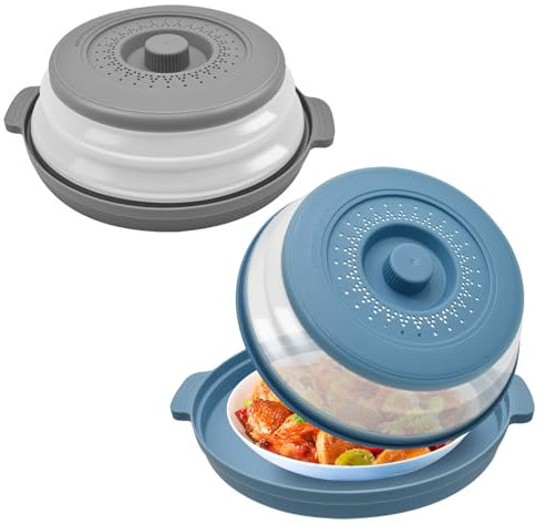 Yiomxhi 2 Piezas Tapa Microondas Plegable con Bandeja, 2 en 1 Campana de Microondas Salpicaduras, Tapadera Cubierta Microondas Coladores Cocina para Frutas Verduras, Gris y Azul