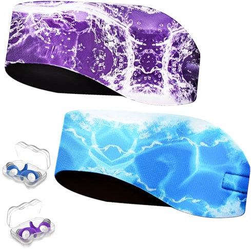 Schwimmen Stirnband für Erwachsene - 2 Paar Schwimm Ohrstöpsel & Neopren Schwimmband,Hohe Elastizität & Klettverschluss - Wasserdichtes Kopfband Haarband für,Tauchen, Pool, Duschen und Wassersport