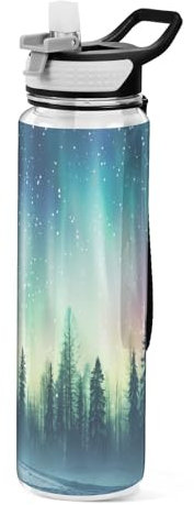 OWFKAY Bouteille d'eau de 950 ml avec paille Tritan sans BPA - Papier peint Aurore Boréale - Bouteille d'eau de sport avec poignée de transport - Anti-fuite - Parfaite pour les voyages, l'école, la