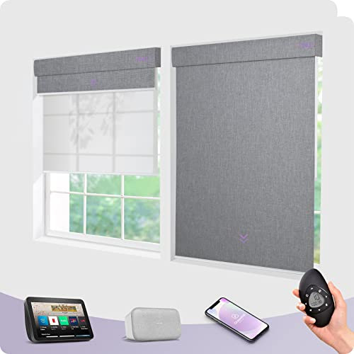 Smart Motorized Dual Roller Blinds Customizable Blackout & Light Filtering Window Shades Rechargeable Electric Blinds with Remote Control Compatible with Alexa and Google Assistant Grey