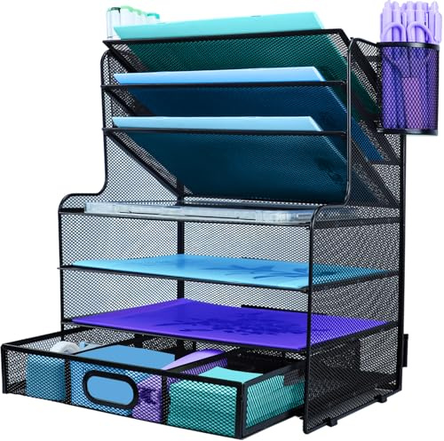 IOUGDSEC Schreibtisch-Organizer mit 7 Ebenen, Papierablage, Schreibtisch-Organizer, Briefablage, Papier-Organizer mit Stifthalter und Metall-Hängekorb, Schwarz