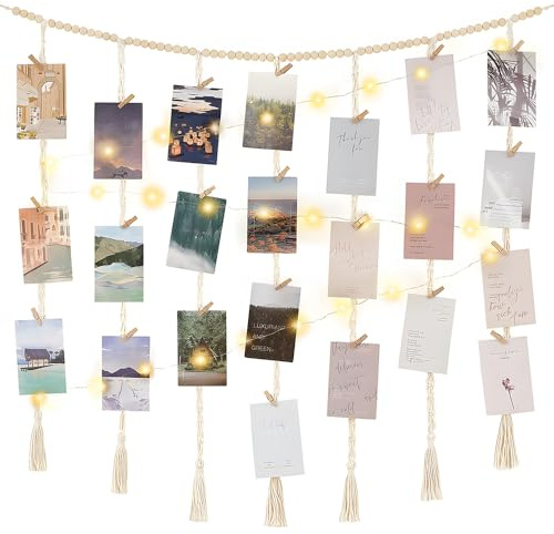 XFSRG Fotohalter mit Clips und Klammern für Wanddeko Bilderrahmen mit Leine für Fotogirlande und Wandbehang im Boho-Stil Perfekt für Teenager Mädchen Zimmer