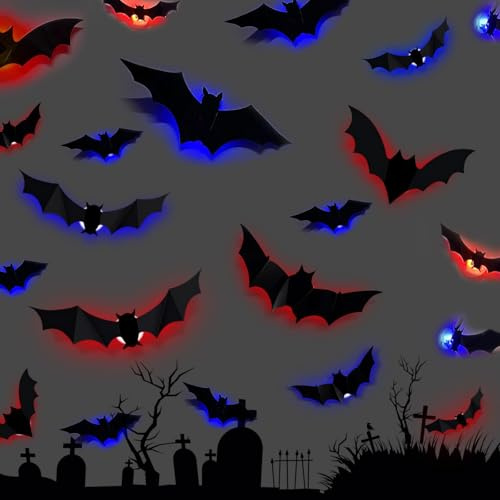 Murciélagos de Halloween, 3D Murciélago Luminoso, Set de 24 Decoraciones Adhesivas LED para Paredes, Ventanas, Puertas y Balcones, Ideal para Interior y Exterior en Fiestas de Halloween