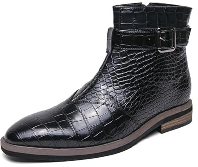 LMUIPMAA Mens Zipper Dress in Pelle Coccodrillo Stampa Bukle Strap Caviglia Alti Stivali da Monaco,Nero,40 EU