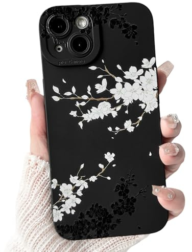 NITITOP for iPhone 13 Case Cute Cherry Blossom, Black White | for Women Girls, Aesthetic Flower Floral Pattern, Soft TPU Shockproof Cover, Full Camera Protection