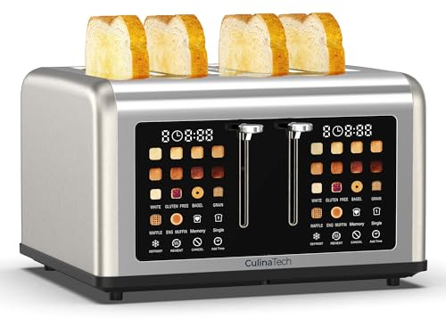 Culinatech Smart 4 Slice Toaster, Smart Touch Screen 8 Browning Levels 6 Preset Bread Programs, Stainless Steel Bread Toaster with Touch LCD Display