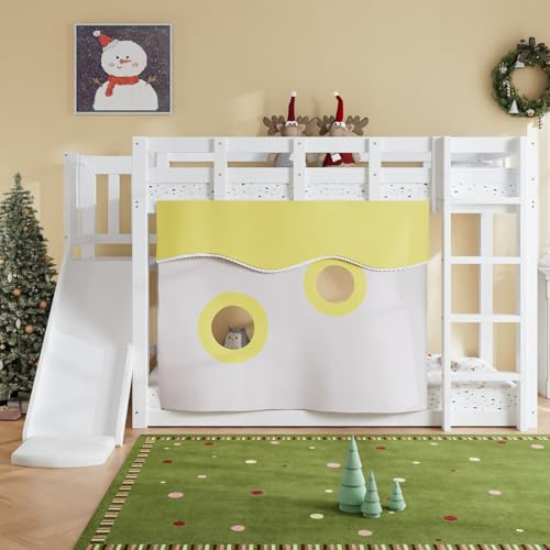 KOMHTOM Lit Superposé 90×200 cm, Cadre de Lit avec Toboggan, Sommier à Latte Bois, Rideaux Raffinés, pour Chambre d'ado - sans Matelas (Blanc-E)
