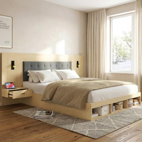 Merax Doppelbett 160x200 cm mit Stauraum, Holzbett mit 2 Nachttischen, Bettgestell mit USB & Type-C und Leselampe, Stauraumbett mit Ablagefächern, Eiche hell, ohne Matratze