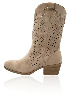 Nowaland Damen Cowboy Stiefel mit Cut-outs und Blockabsatz für Frühjahr/Sommer, seitlicher Reißverschluss und bequemes Innenfutter – ideal zu Kleid, Rock, Shorts oder Skinny-Jeans