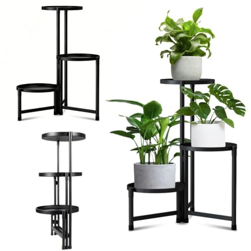 MIUUIPI 3 Stufen Metall Blumenregal, Schwarz Pflanzenständer, Mehrstöckig Pflanzenregal mit Tablett, Blumenständer für Innen & Außen, Dekorativer Standregal für Terrasse Balkon Garten Wohnzimmer