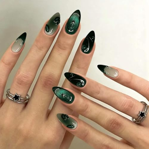 24Pcs Dark Green Press On Nails Medium Almond French Fake Nails with Star Design for Party, Holiday & Daily Wear for Women