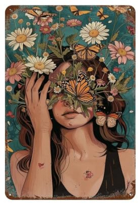 MGHTGRWE Teal Grainy Floral Butterfly Maiden 04 Poster Wall Art Iron Vintage Metal Tin Sign Modern Home Coffee Club Art Bar Shop Decor 30x20cm