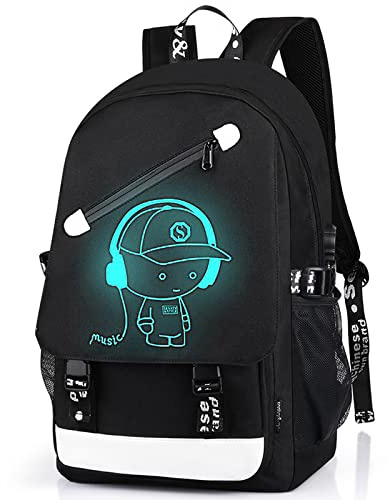 Teen Boys Backpack for Middle High School, Cartoon Luminous Student Bookbag Daypack - Music Black