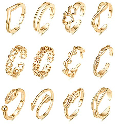 TOBENY 12PCS 14K Gold Plated Adjustable Toe Rings for Women Flower Arrow Band Open Tail Ring Women Beach Foot Jewelry Set