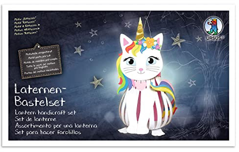 Ursus 18720014F - Laternen Bastelset Kittycorn, Laternendeckel Stanzteil, Laternenboden Stanzteil, Transparentpapier 115 g/m², 25 Papierstreifen, Laternentragebügel, diverse Stanzteile, Zubehör