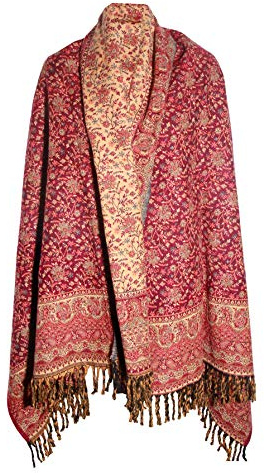 TIBET Luxuriöser Schal aus reiner Yakwolle, handgefertigt, Blumenmuster, Übergröße, wendbar, Rosenrosa, rose pink, Einheitsgröße