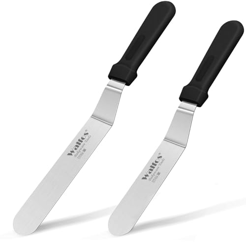 Walfos Abgewinkelter Zuckergussspatel, Edelstahl-Kuchenspatel mit stabilem und langlebigem Griff Kuchendekorationsspatel 2er-Set - Mehrzweckeinsatz für Zuhause, Küche oder Bäckerei (15cm & 20cm)