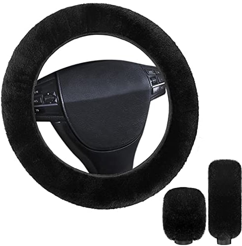 Lenkradbezug Plüsch Lenkradhülle Universal Auto Lenkrad Abdeckung Anti Rutsch Warme 3er/Set Universal Auto Plüsch Lenkradhülle für Auto Zubehör 37cm-39cm (Schwarz)