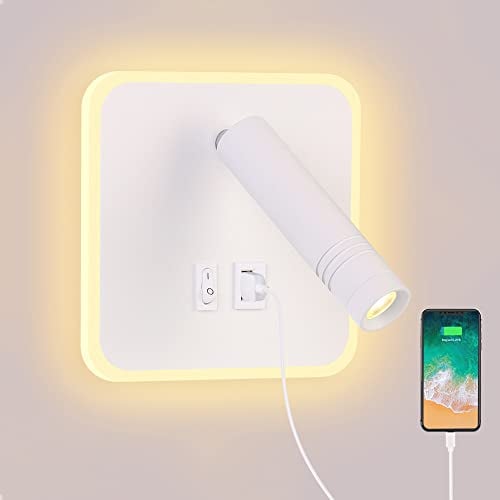 ERWEY LED Wandleuchte Leselicht Wandlampe Schlafzimmer Bettleuchte Leselampe Bett Wandmontage Nachttischlampe 3000K Wandleuchte 4000K Leselampe mit USB-Ladeanschluss (Quadratisch 138mm, Weiß)