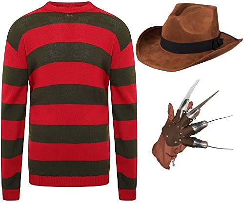 Herren Halloween Freddy Krueger Kostüm Hut + Handschuhkralle + Rot/Grün Streifen Pullover ~ Nightmare on ELM Street Horror Cosplay Verkleidung Outfit, rot/grün, 85