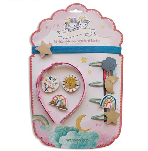 Papierdrachen Haarschmuck Set - Haarreifen Haarband Klett | wechselbare Patches im Design *Regenbogen* | Schöne kreative Haar Accessoires für Mädchen - Set 5