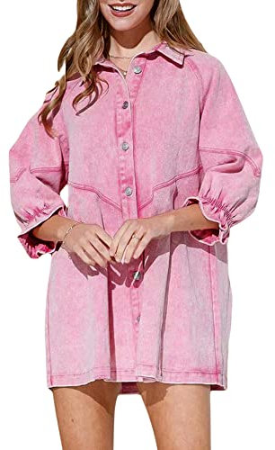 FeMereina Women DenimLoose Shirt Dresses Button Down 3/4 Lantern Sleeve Casual Tunic Top Puff Sleeve Flowy Jean Mini Dress (Pink, Large)