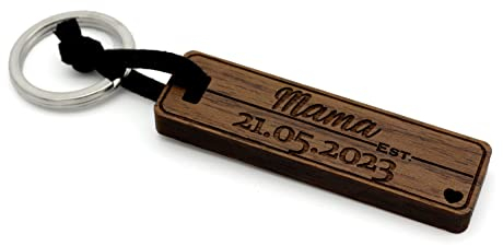 NaturSchatulle Schlüsselanhänger aus Holz mit Personalisiert Mama Est Gravur Nussbaumholz mit Edelstahl Schlüsselring Schlüsselbund Geschenkidee