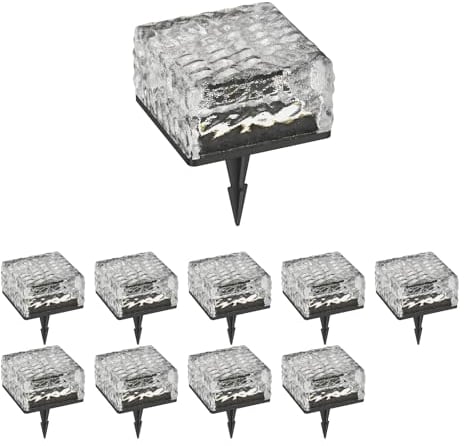 ledscom.de 10 Stück LED Solar-Pflasterstein Bodeneinbauleuchte BROSLO mit Erdspieß für außen, Glas, 10 x 10cm, warmweiß