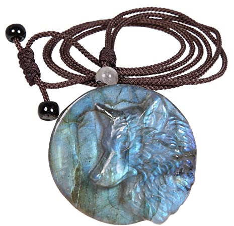 KYEYGWO Natürlichen Labradorit Ketten für Damen und Herren, Geschnitzt Stein Wolf Anhänger mit Einstellbare Nylon Seil, Heilung Kristall Halskette Edelstein Amulett Schmuck