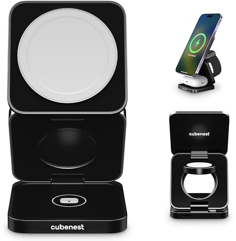 Cubenest 3in1 Faltbares Aluminium Wireless Charger | Kompatibel mit Magsafe (Schwarz, 3in1)