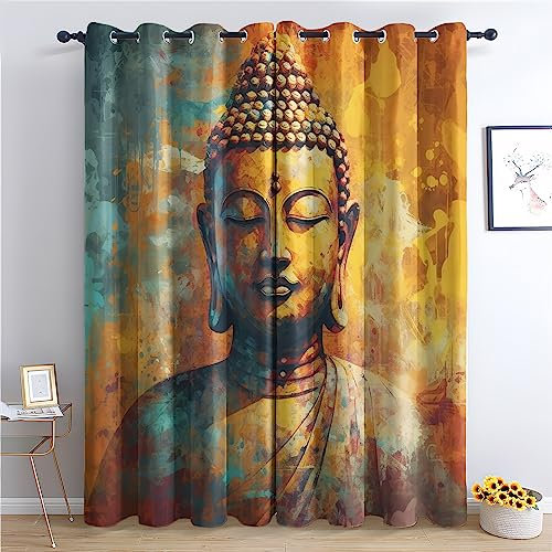 THYUNQ Vorhänge Buddha Motiv, Vorhang Blickdicht Verdunklungsvorhänge mit Ösen - Gardinen Wohnzimmer Schlafzimmer Fenster, 2er Set Curtains, H 200 x B 140 cm