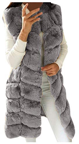 Nidddiv Oberbekleidung, warme Weste, Mantel, ärmellose Weste, Kunstfell, langer Mantel, Weste für Damen, einfarbig, warme Strickjacke, Thermo-Winter-Plüsch-Weste, grau, 52
