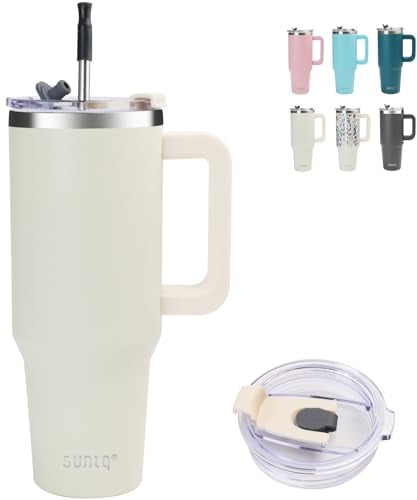 SUNTQ 1180ml/40oz Tumbler mit Griff, Doppelwandige Vakuum Isolierte Wasserflasche mit Stroh und Deckel, Edelstahl Reise Kaffeebecher, Thermische Tasse für Getränke, Fit in Becherhalter(Off-white)