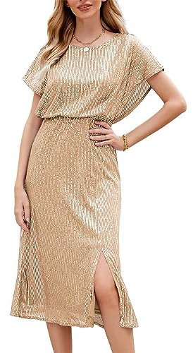 JASAMBAC Sparkly Dress for Women Party Night Sexy Crew Neck Elastic Waist Dress Gold L