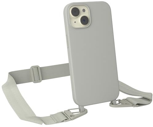 EAZY CASE - Handykette mit breitem Band kompatibel mit iPhone 15 - dünne Handyhülle für iPhone 15 Hülle Silikon stoßfester Fallschutz Kette zum Umhängen Hülle mit Band in Taupe - Clips Taupe