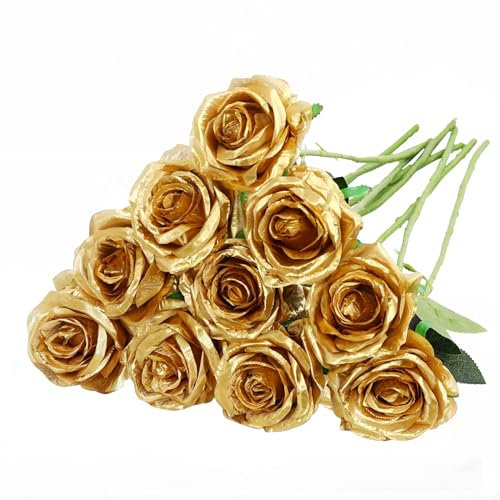 Nubry Artificial Silk Rose Flower Bouquet Lifelike Fake Rose for Wedding Home Party Decoration Event Gift 10pcs (Gold)