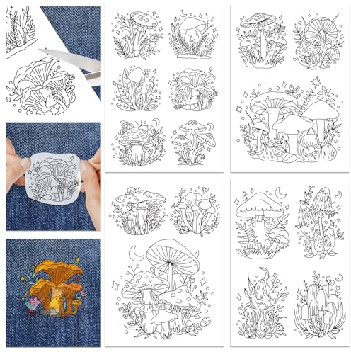 GLOBLELAND 4 Blatt 16 Stück Fantasy Pilz Wasserlösliche Handnähstabilisatoren Für Stoffstickstichübungen Stickmusterübertragungen Für Stickanfängerliebhaber