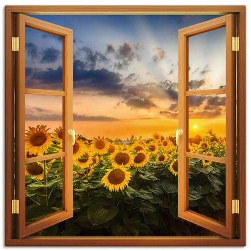 ARTLAND Wanddeko Leinwand Bilder Wandbild 50x50 cm Fensterbilder Fenster Pflanzen Blumen Sonnenblume Sonnenuntergang U5CA