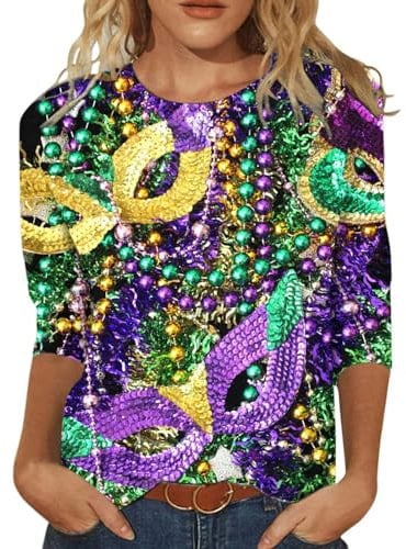 callmo Faschingskostüme Damen Lustiger Karneval Maske Grafisches T-Shirt 3/4 Ärmel Tunika mit Rundhalsausschnitt Trendy Karneval Kostüm Damen Mardi Gras Oufits 2024