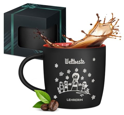 Maverton schwarzer Keramik Kaffeebecher 400ml mit Gravur, Kaffeetasse | Aus Matt Keramik mit Henkel für Frauen zum Geburtstag zu Weihnachten, Trinkbecher matt schwarz, Innen rot, Lehrerin